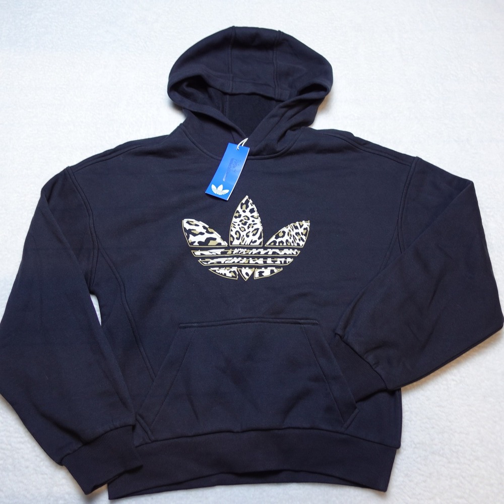 Adidas Originals Trefoil Kids Hoodie L Black Leopard Print Fleece KK6298